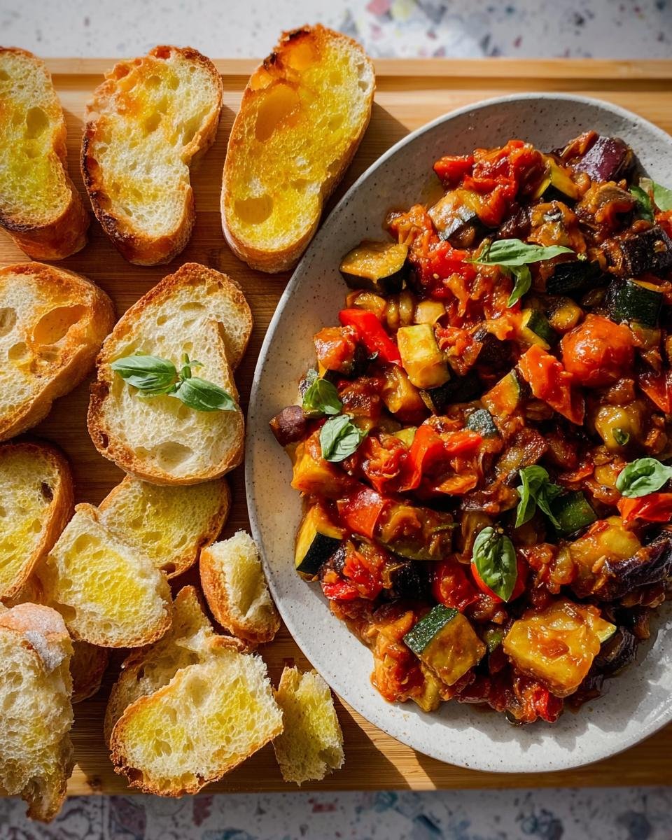 Teller mit Ratatouille mit Baguette-Scheiben, garniert mit frischem Basilikum.