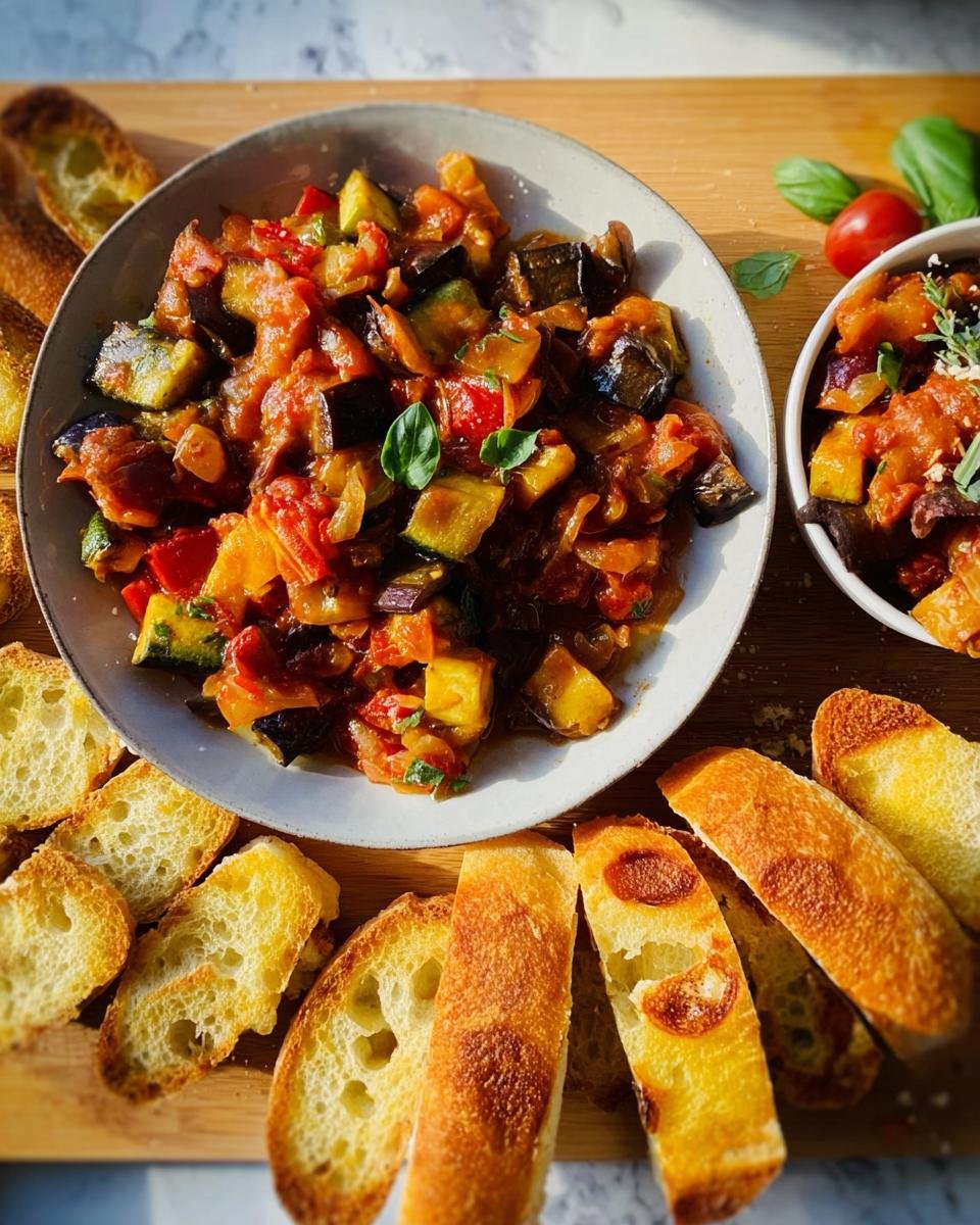 Teller mit Ratatouille mit Baguette Scheiben auf einem Holzbrett, garniert mit Basilikum.