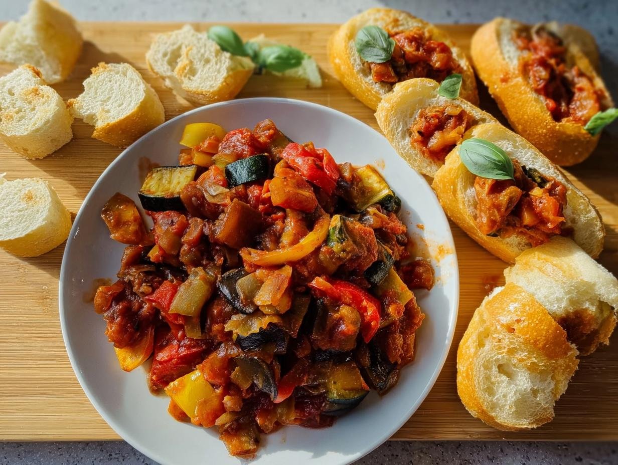 Teller mit Ratatouille und dazu serviertes Baguette, ideal für Ratatouille mit Baguette.
