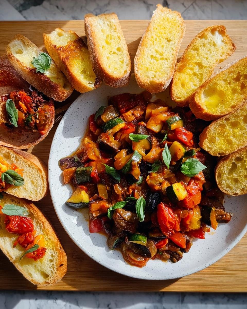 Teller mit Ratatouille und gerösteten Scheiben Baguette, garniert mit Basilikum.