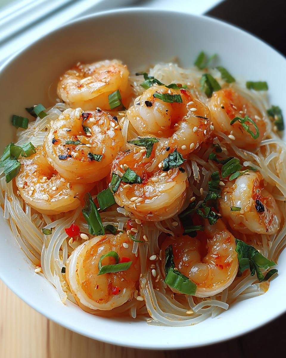 Nahaufnahme von Reisnudelsalat mit Garnelen & Limette, garniert mit Sesam und Frühlingszwiebeln in einer weißen Schüssel.