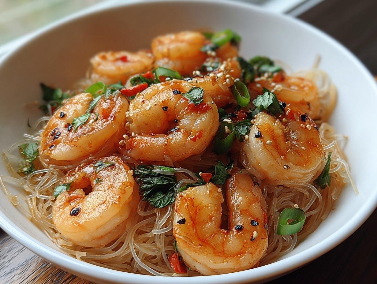 Nahaufnahme von Reisnudelsalat mit Garnelen & Limette, garniert mit Kräutern und Sesam.