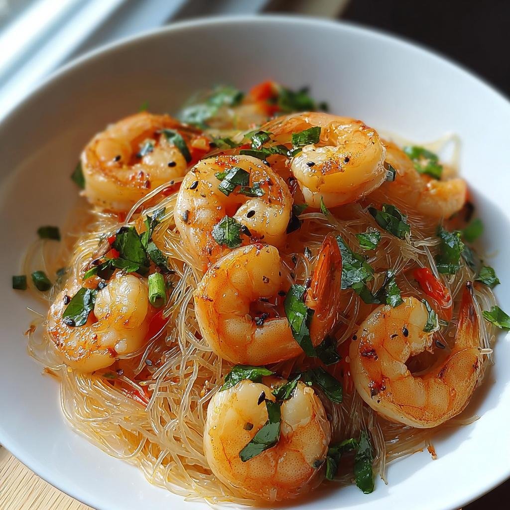 Nahaufnahme von Reisnudelsalat mit Garnelen & Limette, garniert mit frischen Kräutern.