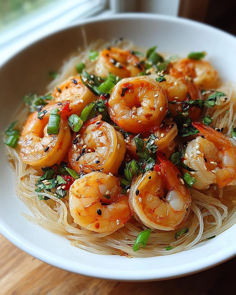 Nahaufnahme von Reisnudelsalat mit Garnelen & Limette, garniert mit Frühlingszwiebeln und Sesam.