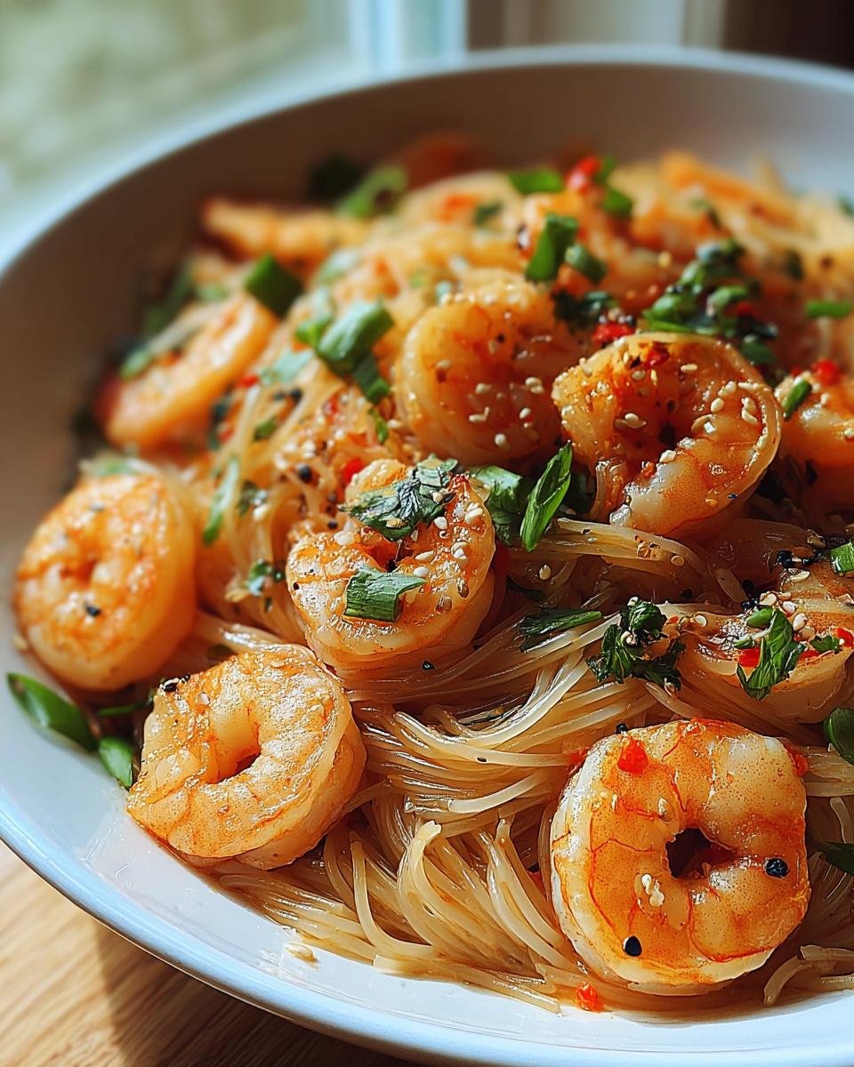 Nahaufnahme eines Schälchens mit Reisnudelsalat mit Garnelen und Limette, garniert mit Frühlingszwiebeln und Sesam.