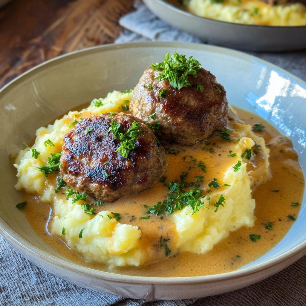 Zwei saftige Frikadellen auf cremigem Kartoffelpüree, übergossen mit brauner Soße und Petersilie – Saftige Frikadellen mit Kartoffelpüree & Soße.