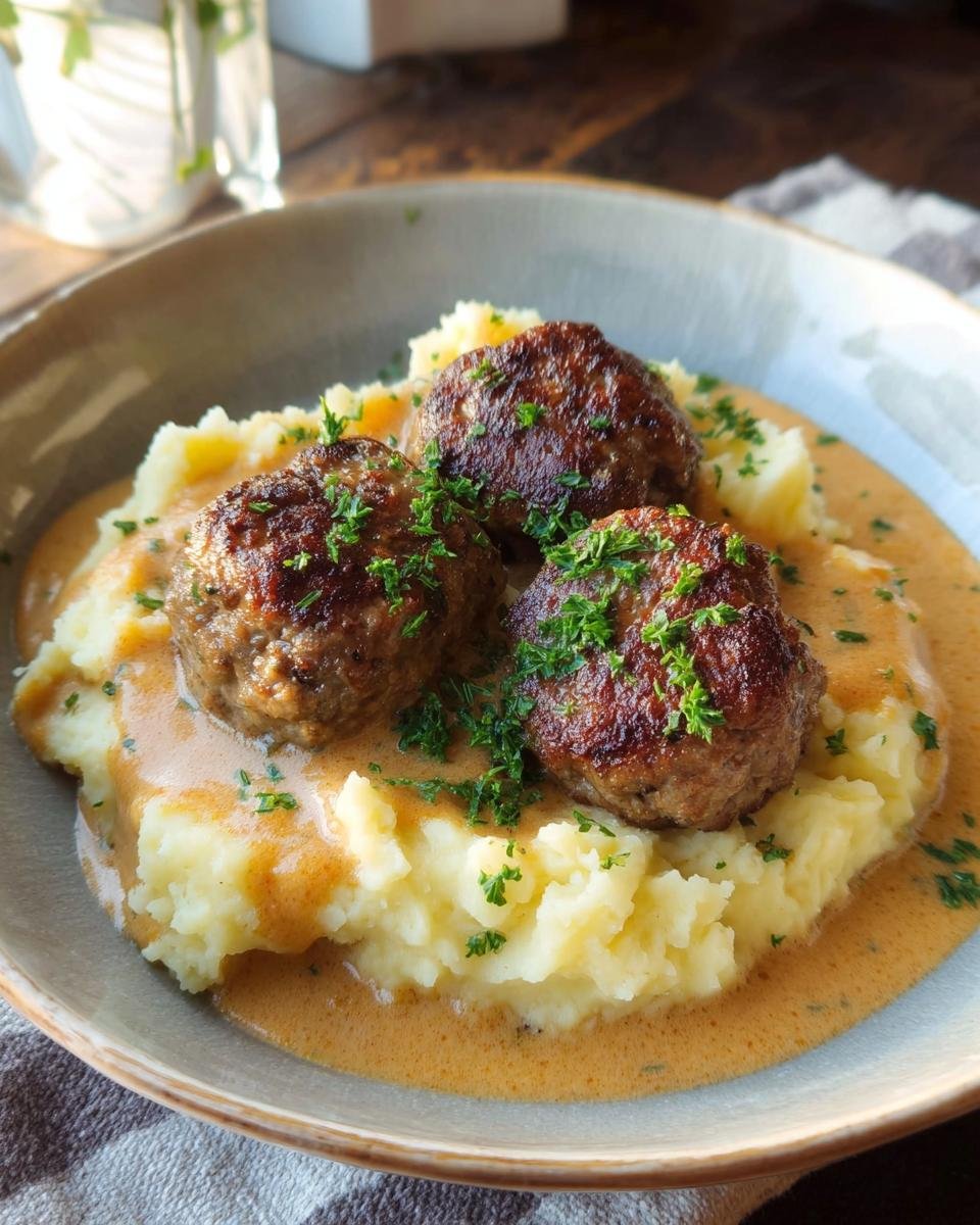 Drei saftige Frikadellen auf cremigem Kartoffelpüree mit brauner Soße, garniert mit Petersilie.