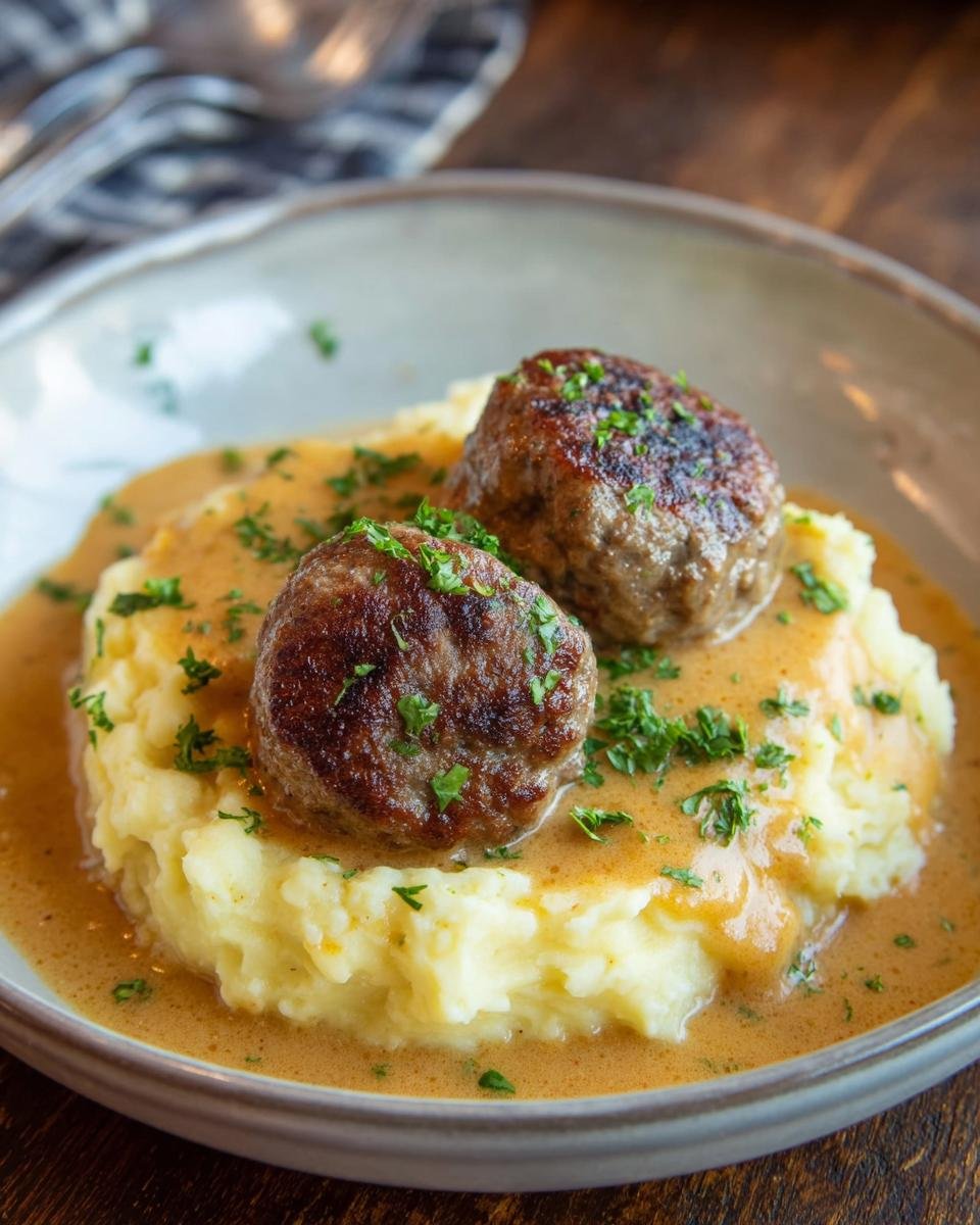 Zwei saftige Frikadellen auf Kartoffelpüree, übergossen mit brauner Soße und Petersilie.