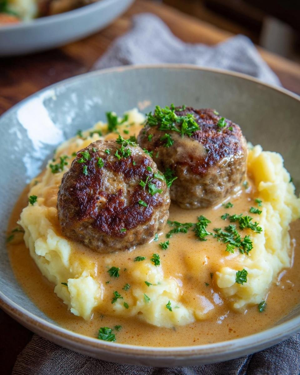 Zwei saftige Frikadellen auf Kartoffelpüree, übergossen mit brauner Soße und Petersilie.
