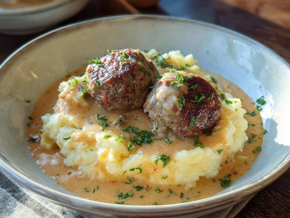 Zwei saftige Frikadellen auf cremigem Kartoffelpüree, bedeckt mit brauner Soße und Petersilie.