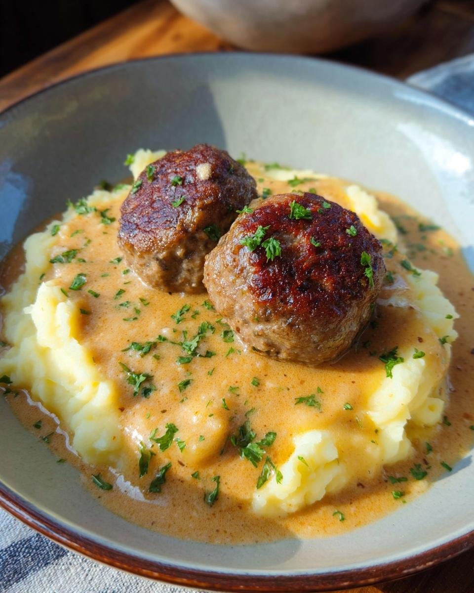 Zwei gebratene Saftige Frikadellen mit Kartoffelpüree und cremiger brauner Soße, garniert mit Petersilie.