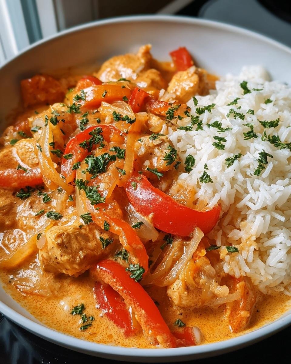 Nahaufnahme einer Schüssel mit Schnelle Hähnchen-Gemüse-Pfanne mit Reis, garniert mit Petersilie.