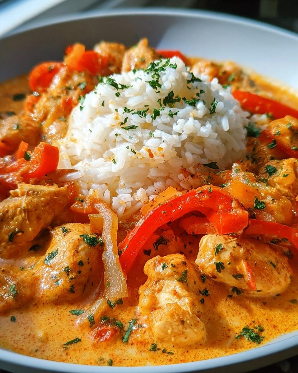 Nahaufnahme einer Schüssel mit Schnelle Hähnchen-Gemüse-Pfanne mit Reis, bedeckt mit cremiger Sauce und Petersilie.