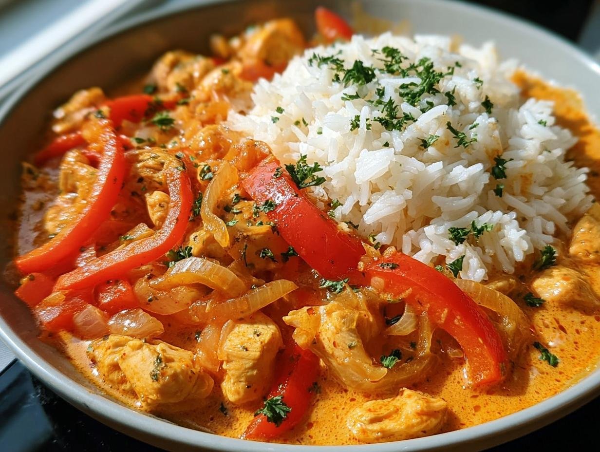 Nahaufnahme einer Schnelle Hähnchen-Gemüse-Pfanne mit Reis, garniert mit Petersilie.