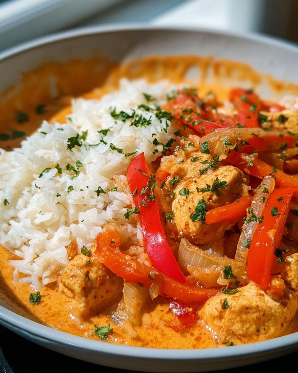 Nahaufnahme einer Schüssel mit Schnelle Hähnchen-Gemüse-Pfanne mit Reis, bedeckt mit cremiger Sauce und Petersilie.