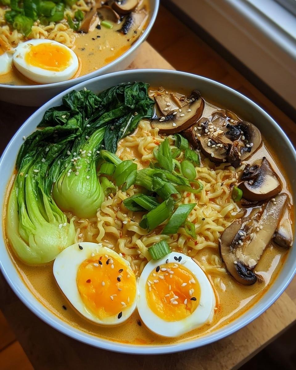Nahaufnahme von Schüssel Schnelle Ramen mit Ei & Gemüse, Pilzen und Pak Choi.