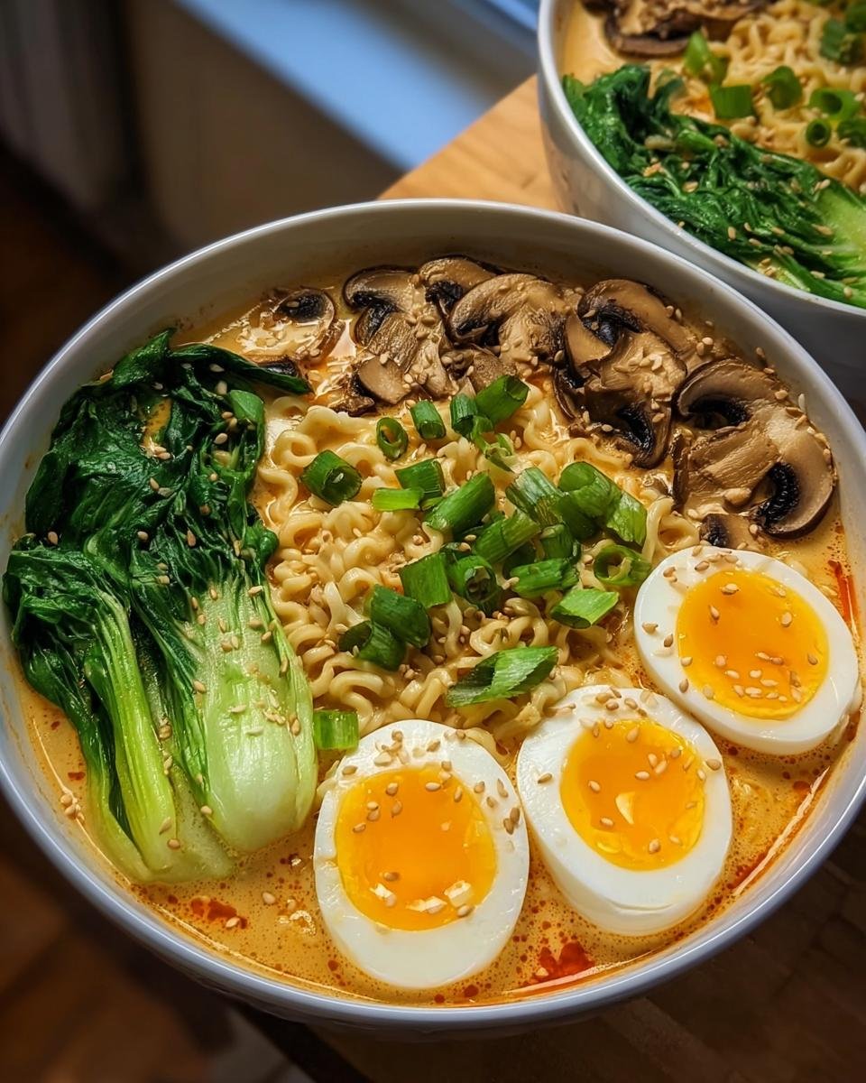 Nahaufnahme einer Schüssel Schnelle Ramen mit Ei & Gemüse, garniert mit Pilzen und Frühlingszwiebeln.