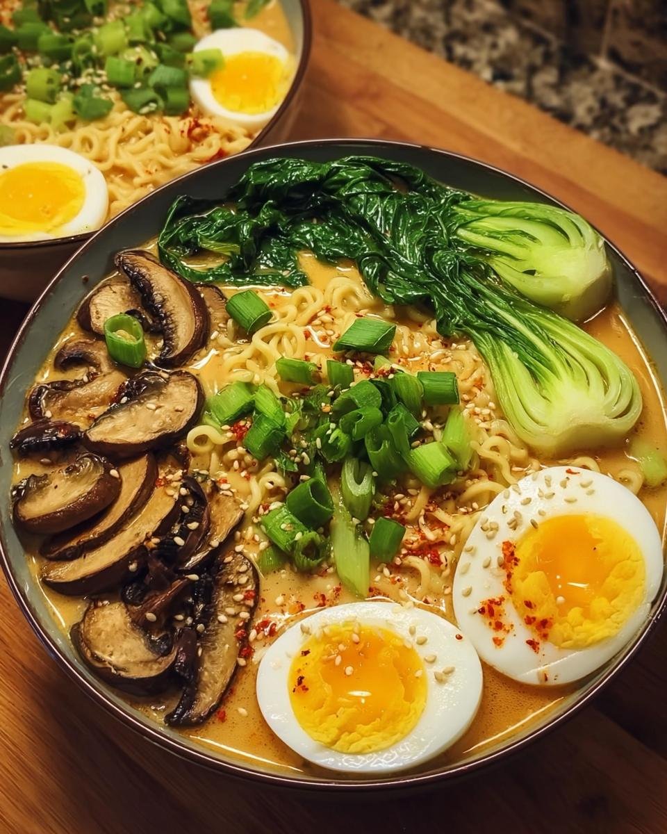 Nahaufnahme einer Schüssel Schnelle Ramen mit Ei & Gemüse, garniert mit Pilzen und Pak Choi.