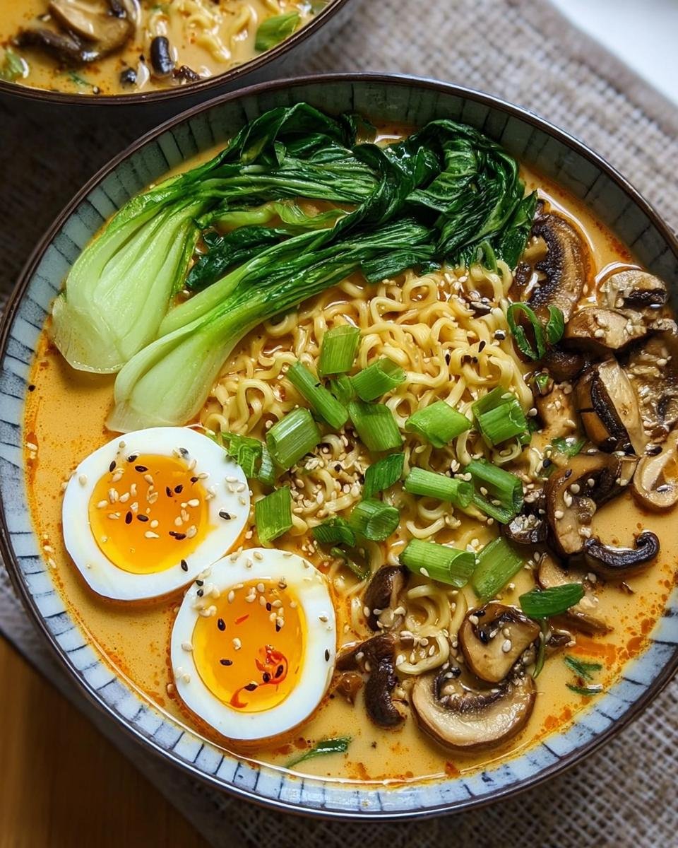 Nahaufnahme einer Schüssel Schnelle Ramen mit Ei & Gemüse, garniert mit Pilzen und Frühlingszwiebeln.