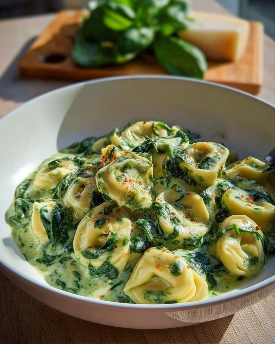 Nahaufnahme von Schnelle Tortellini in Sahne-Spinat-Sauce in einer weißen Schüssel, garniert mit Chili.
