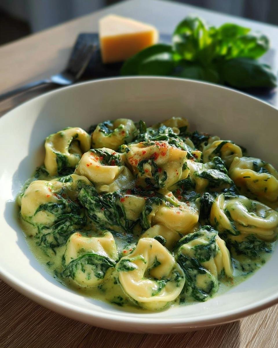 Eine Schüssel mit Schnelle Tortellini in Sahne-Spinat-Sauce, garniert mit etwas Paprikapulver.