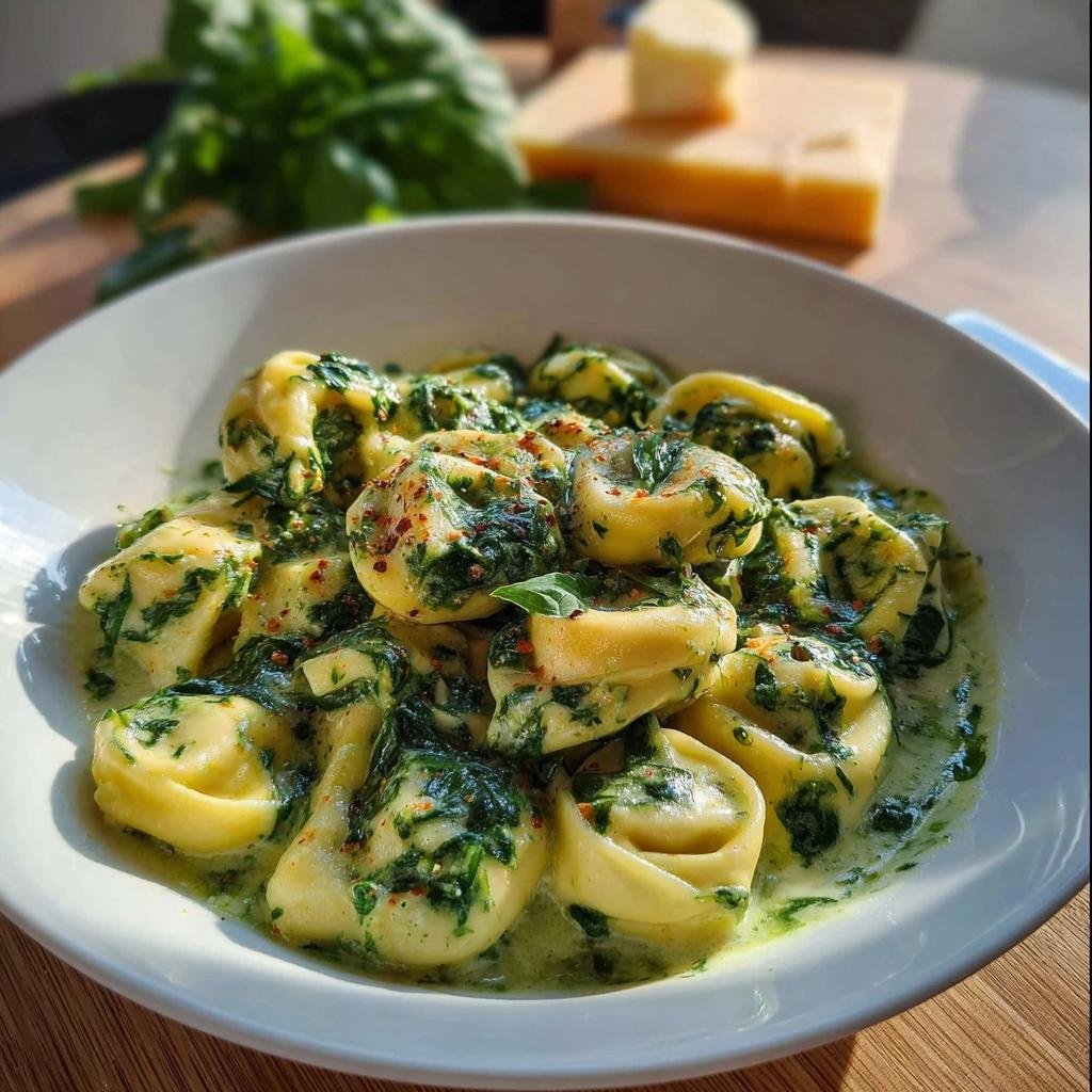 Nahaufnahme von Schnelle Tortellini in Sahne-Spinat-Sauce, garniert mit Chili-Flocken.
