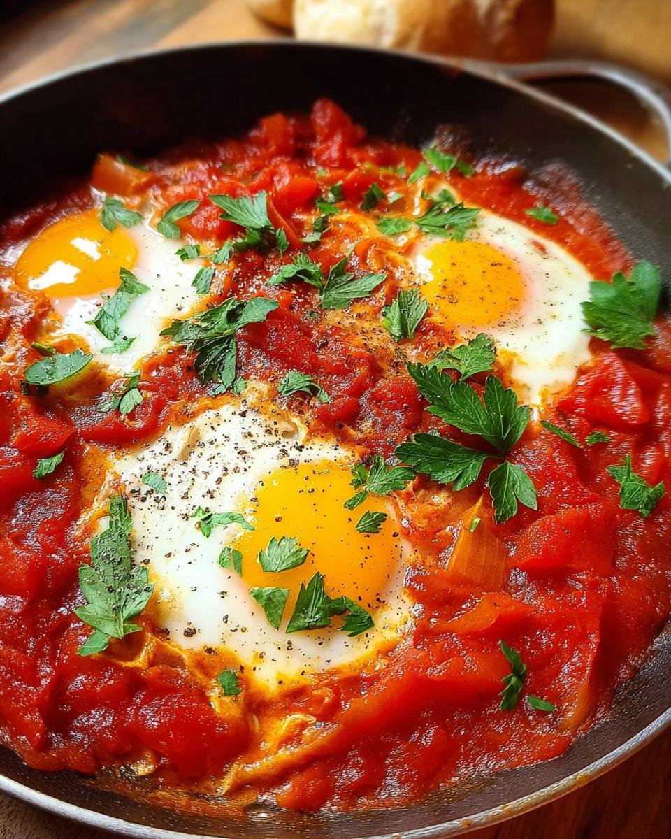 Nahaufnahme von drei pochierten Eiern in einer reichhaltigen, roten Tomatensauce, garniert mit Petersilie – perfektes Shakshuka.