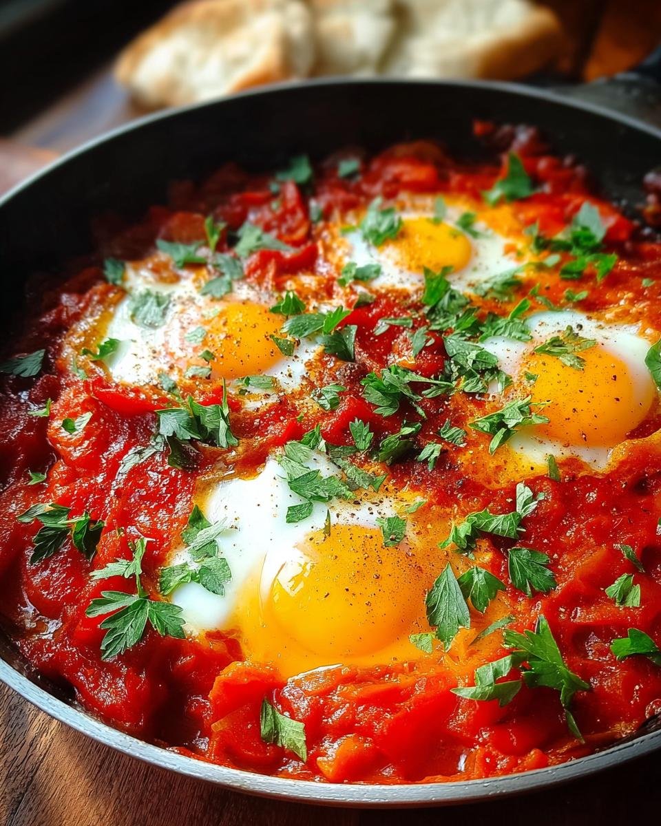 Nahaufnahme von köstlichem Shakshuka – Eier in würziger Tomatensauce, garniert mit frischer Petersilie in einer Pfanne.