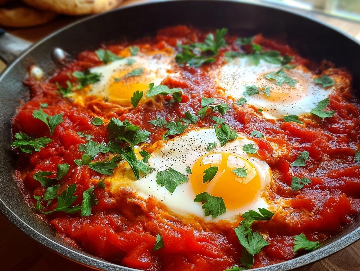 Nahaufnahme von Shakshuka – Eier in würziger Tomatensauce, garniert mit frischer Petersilie in einer schwarzen Pfanne.