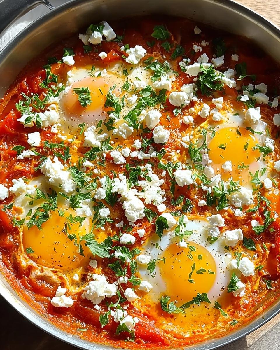 Nahaufnahme einer fertigen Shakshuka mit Feta & Kräutern, mit pochierten Eiern in einer roten Tomatensauce.