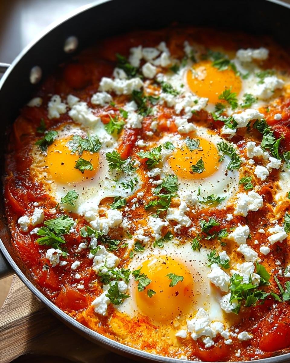 Nahaufnahme von köchelnder Shakshuka mit Feta & Kräutern, mit vier pochierten Eiern in roter Tomatensauce.