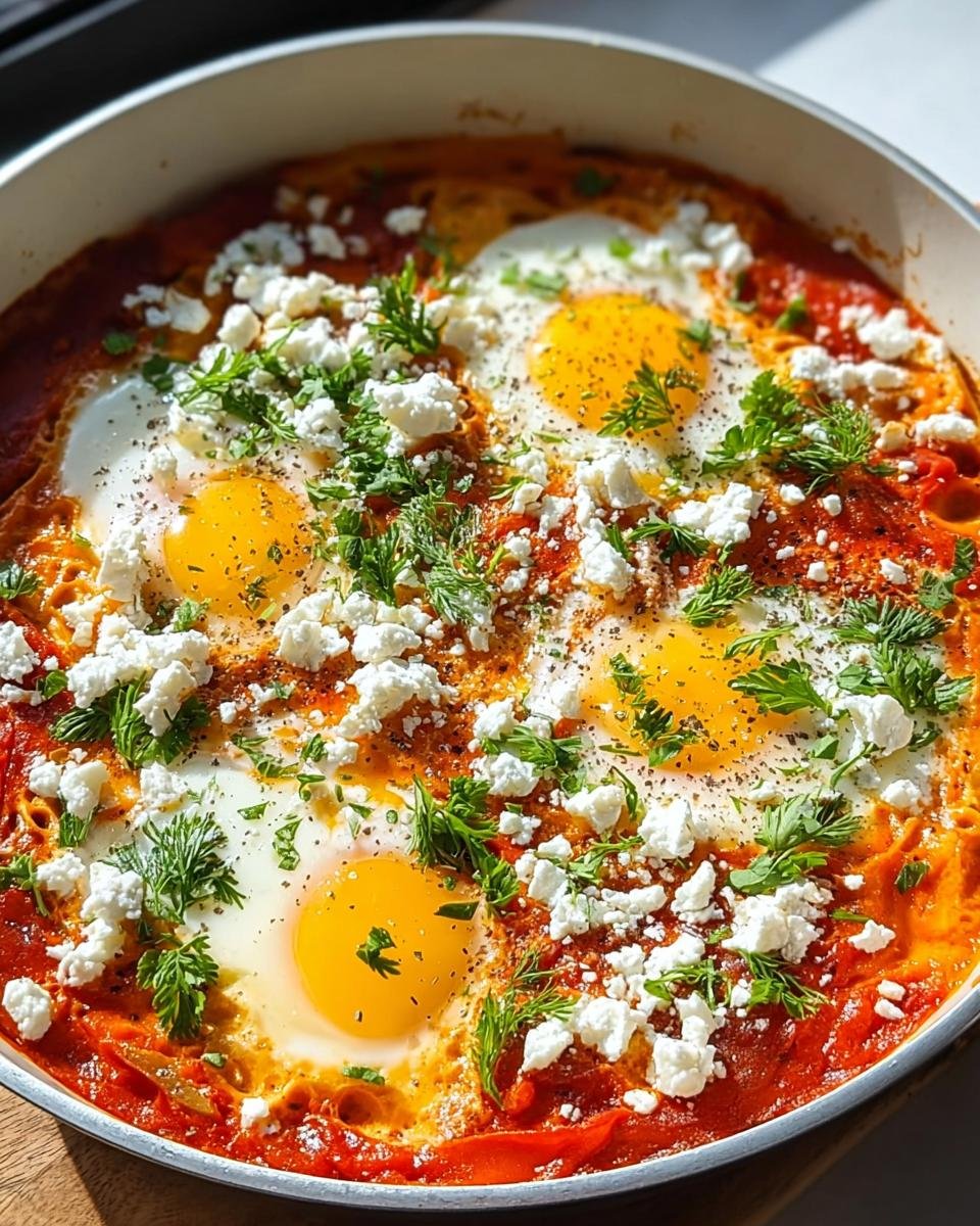 Nahaufnahme von fertiger Shakshuka mit Feta & Kräutern, mit pochierten Eiern in einer roten Tomatensauce.