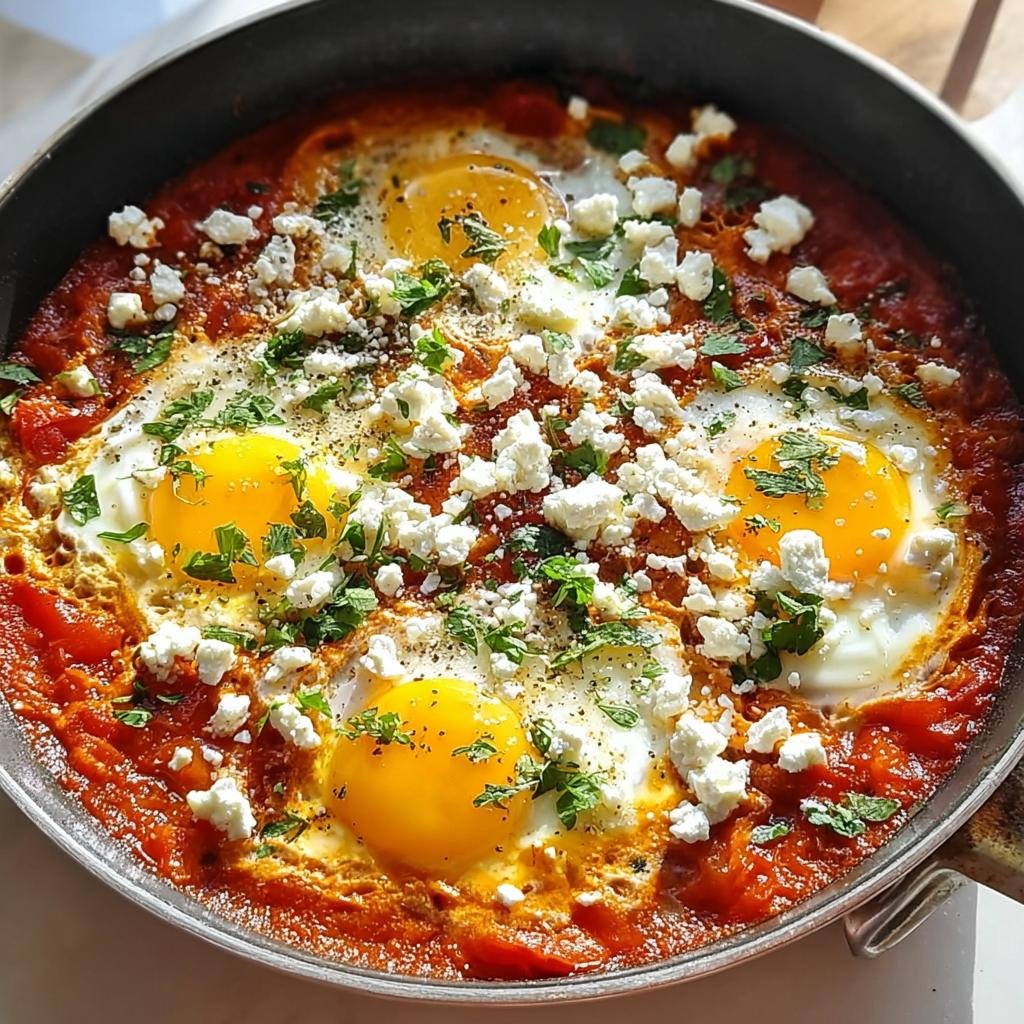Nahaufnahme von fertiger Shakshuka mit Feta & Kräutern, mit vier pochierten Eiern in einer roten Tomatensauce.