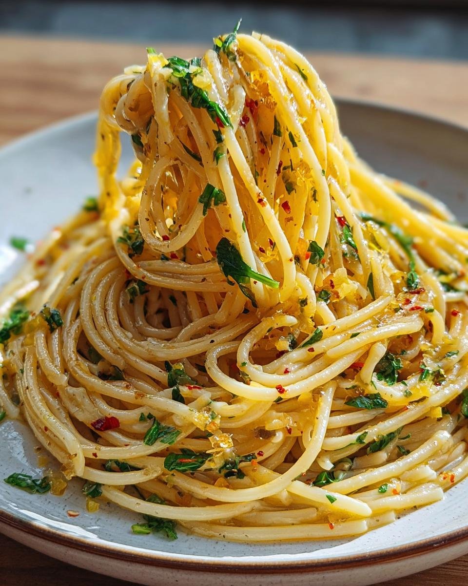 Nahaufnahme von Spaghetti Aglio e Olio mit Parmesan & Rucola, die aus einer Schüssel gehoben werden.