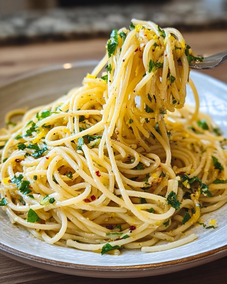 Nahaufnahme von Spaghetti Aglio e Olio mit Parmesan & Rucola, wobei eine Gabel eine Portion heraushebt.