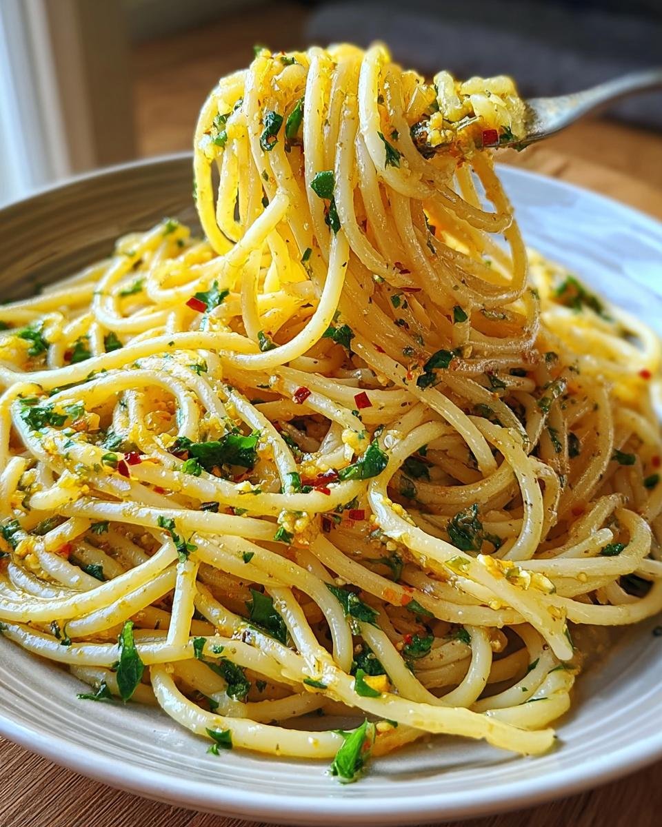 Nahaufnahme von Spaghetti Aglio e Olio mit Parmesan & Rucola, die von einer Gabel hochgezogen werden.