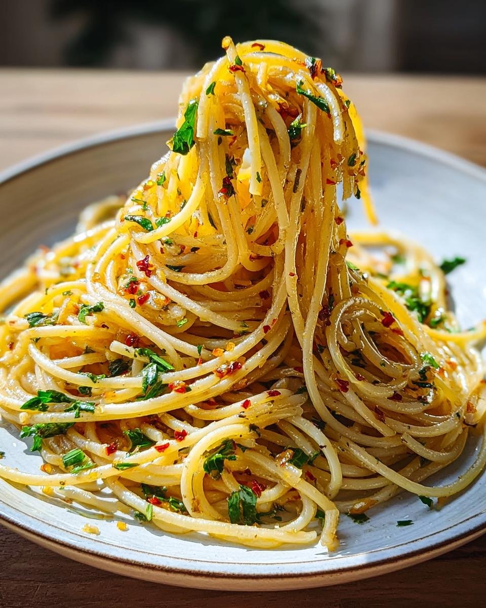 Nahaufnahme von Spaghetti Aglio e Olio mit Parmesan & Rucola, die mit einer Gabel hochgezogen werden.