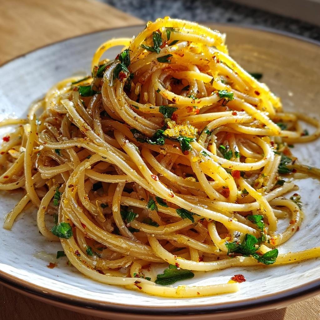 Nahaufnahme von Spaghetti Aglio e Olio mit Parmesan & Rucola, schön angerichtet auf einem Teller.