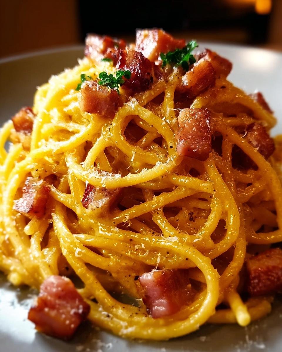 Nahaufnahme von cremigem Spaghetti Carbonara wie beim Italiener, bedeckt mit knusprigen Speckwürfeln und Parmesan.