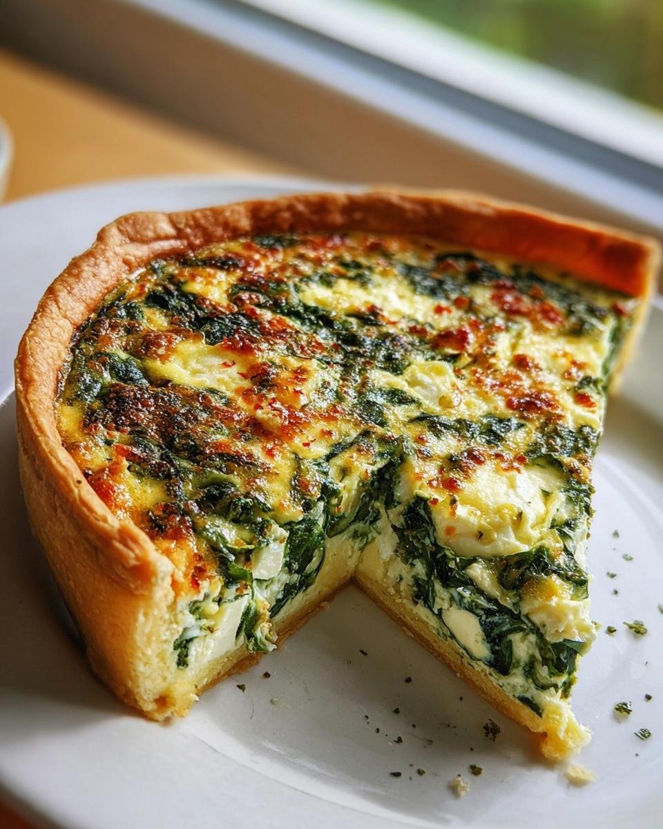 Ein großes Stück Spinat-Feta-Quiche auf einem weißen Teller, das die cremige Füllung mit Spinat und Feta zeigt.