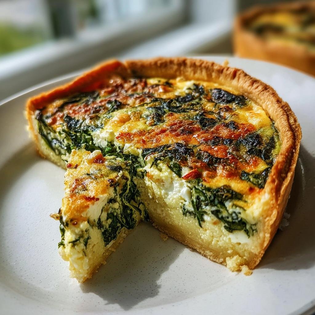 Ein Stück frisch gebackene Spinat-Feta-Quiche schnell & einfach auf einem weißen Teller.