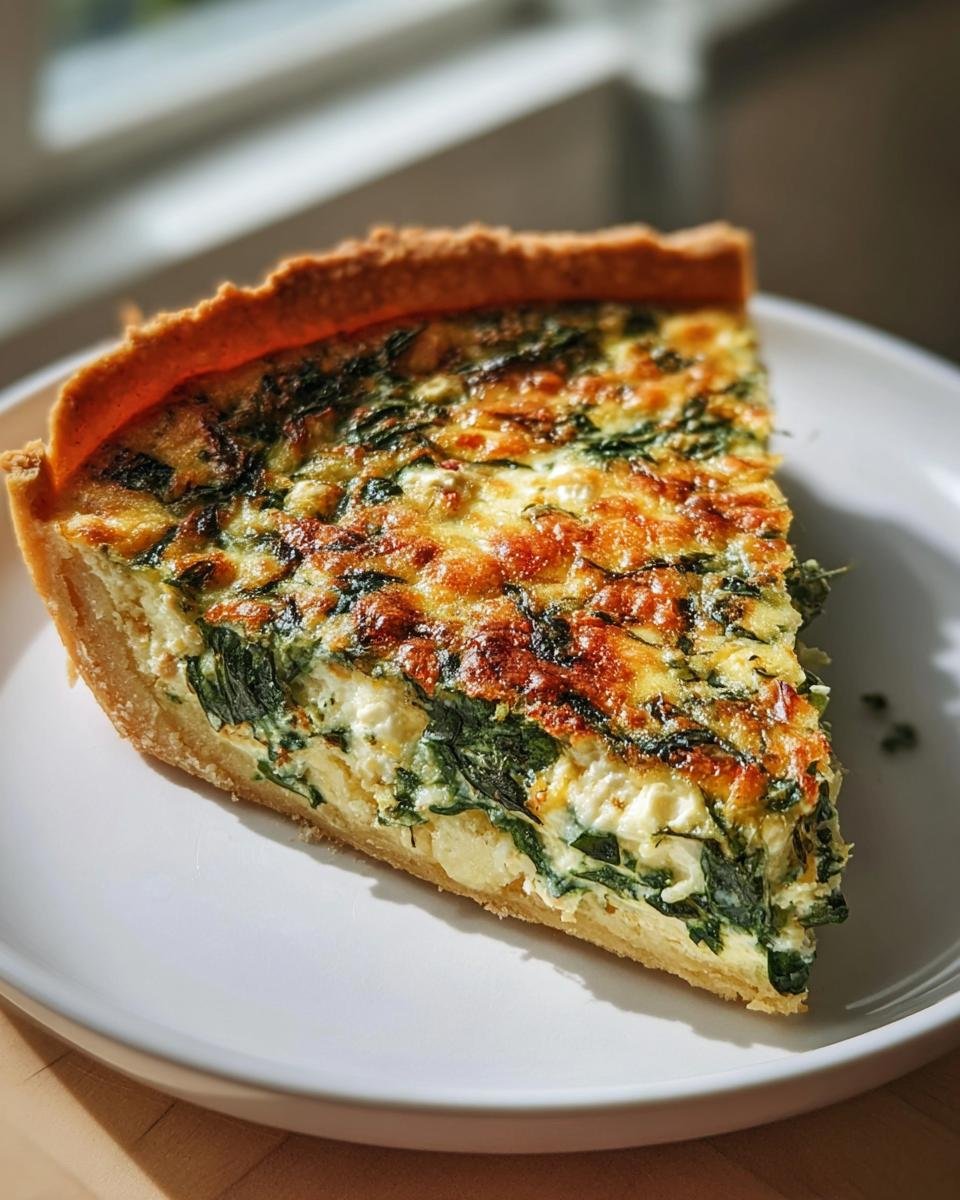 Ein großes Stück Spinat-Feta-Quiche schnell & einfach auf einem weißen Teller, mit goldbraun gebackenem Käse.