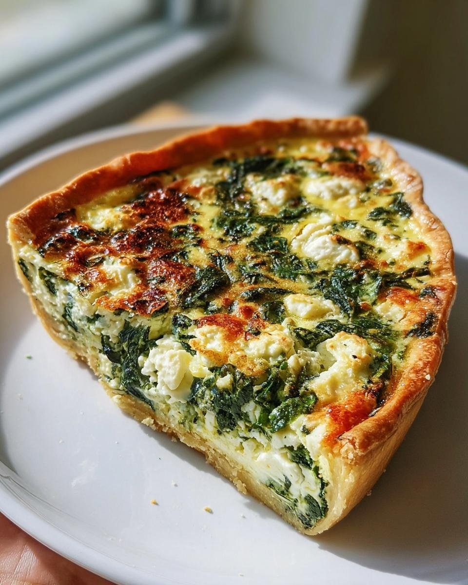 Ein großes Stück Spinat-Feta-Quiche schnell & einfach mit goldbraunem Rand auf einem weißen Teller.