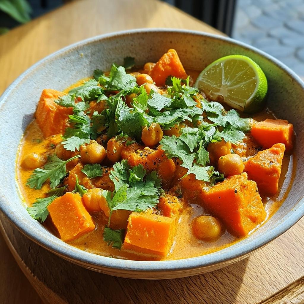Nahaufnahme eines cremigen Süßkartoffel-Curry mit Kichererbsen, garniert mit Koriander und einer Limettenspalte.