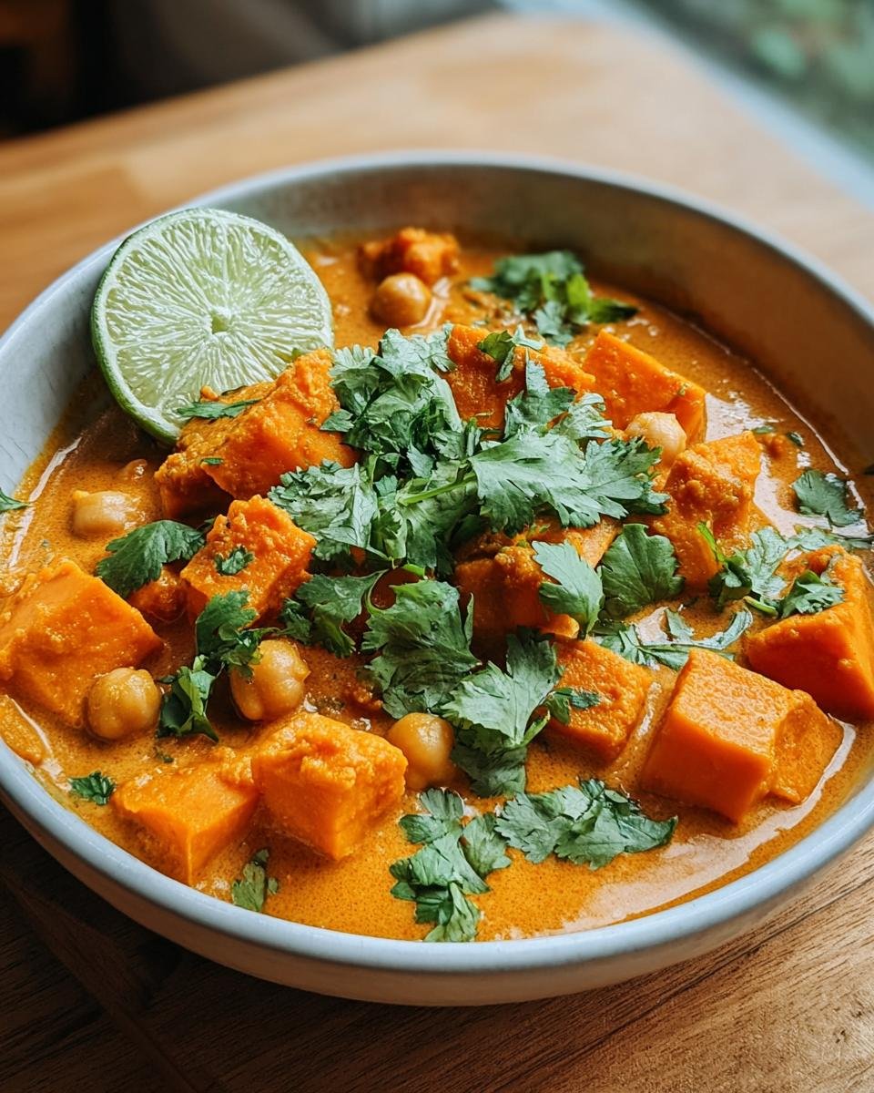 Nahaufnahme eines cremigen Süßkartoffel-Curry mit Kichererbsen, garniert mit frischem Koriander und einer Limettenspalte.