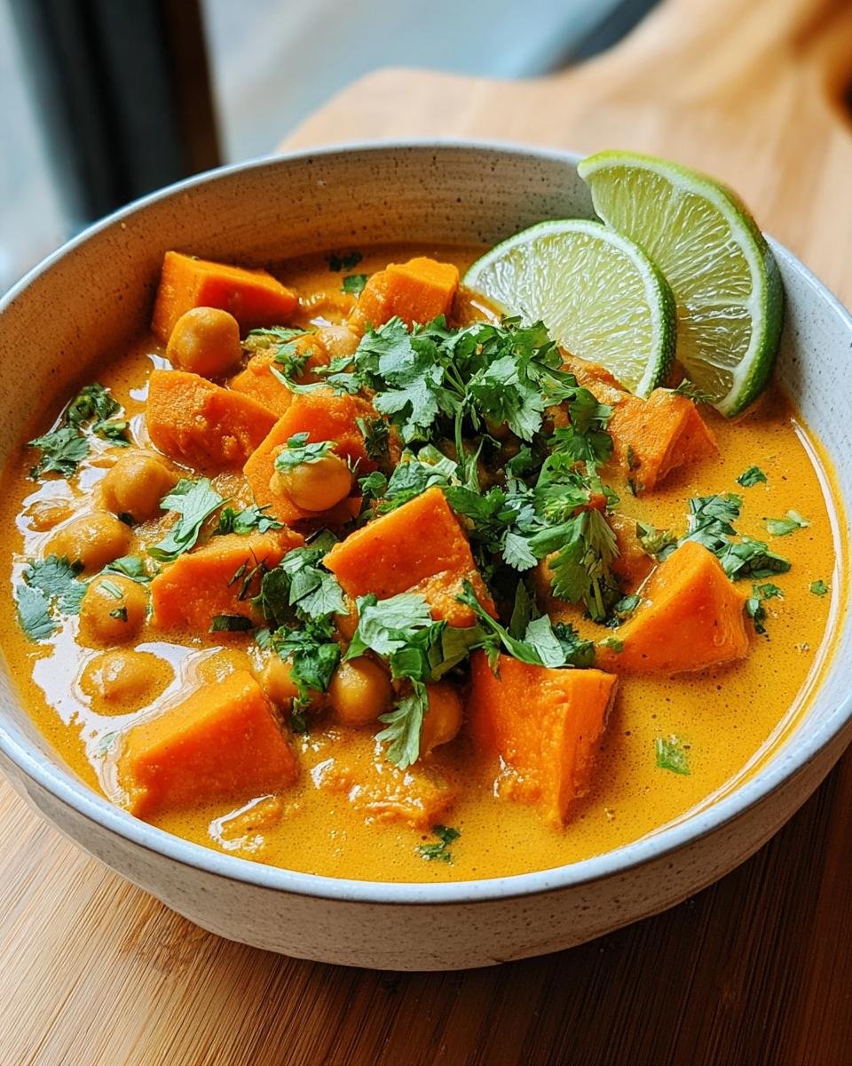 Nahaufnahme von cremigem Süßkartoffel-Curry mit Kichererbsen, garniert mit Koriander und Limettenspalten.