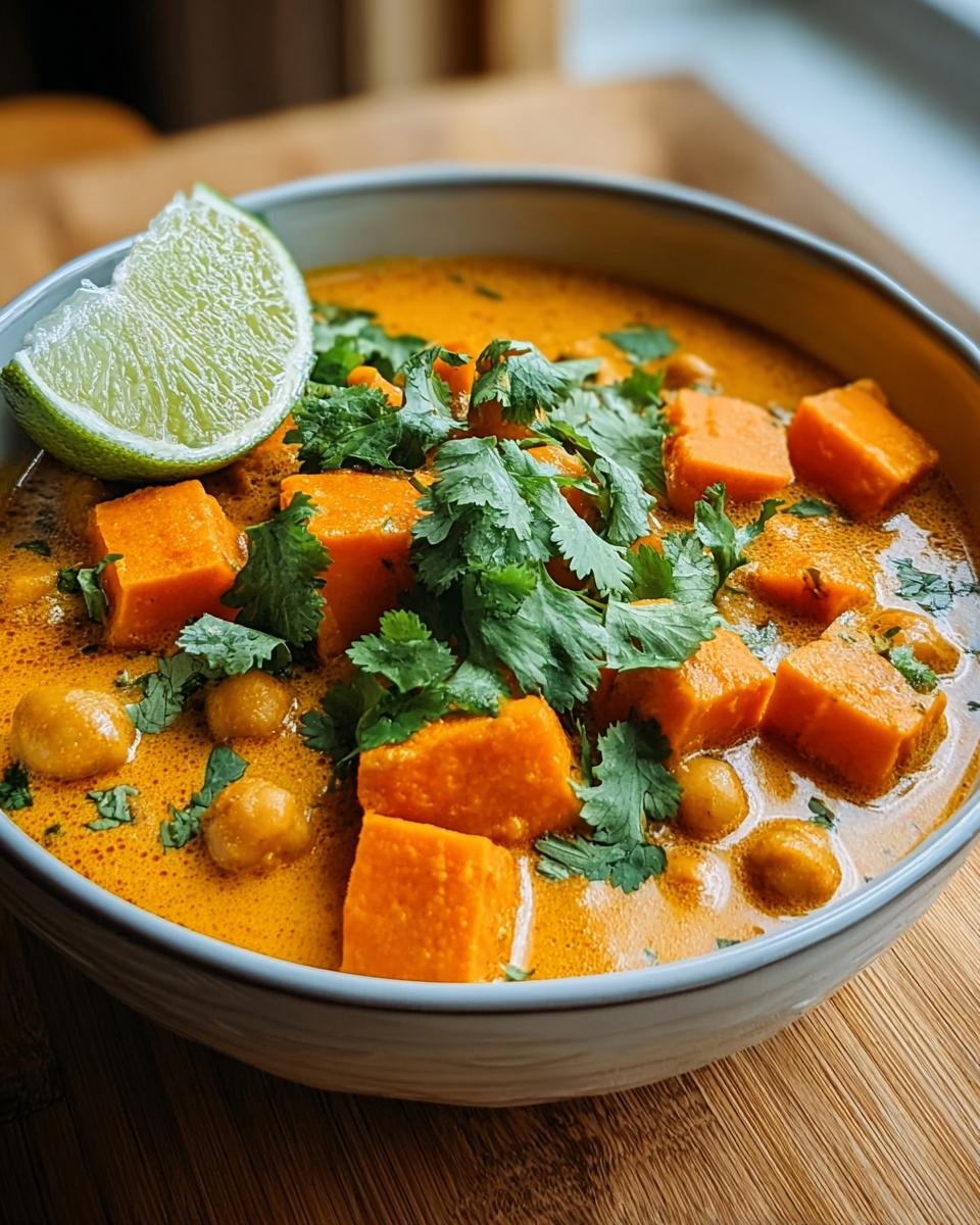 Nahaufnahme eines cremigen Süßkartoffel-Curry mit Kichererbsen, garniert mit Koriander und einer Limettenspalte.