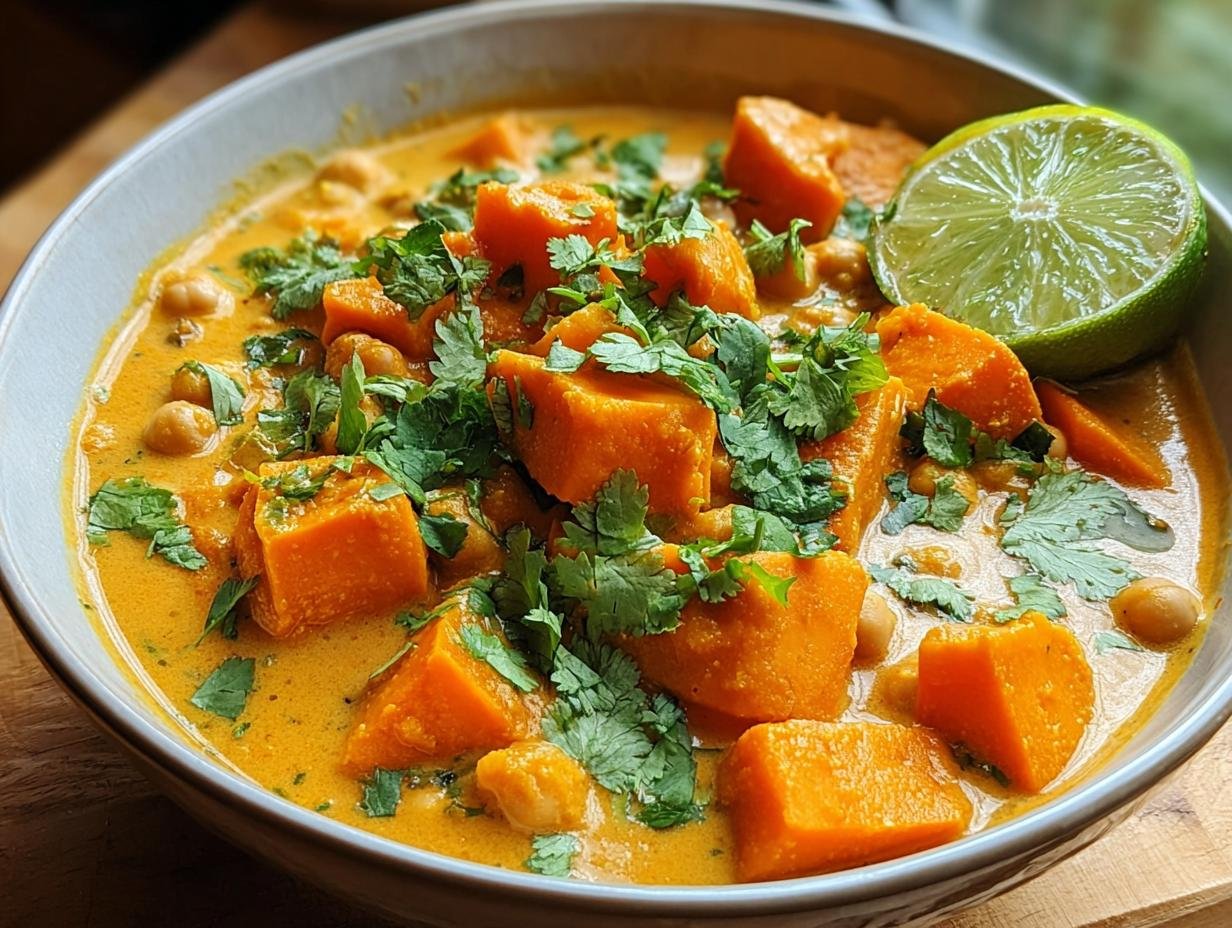 Nahaufnahme eines cremigen Süßkartoffel-Curry mit Kichererbsen, garniert mit frischem Koriander und einer Limettenspalte.
