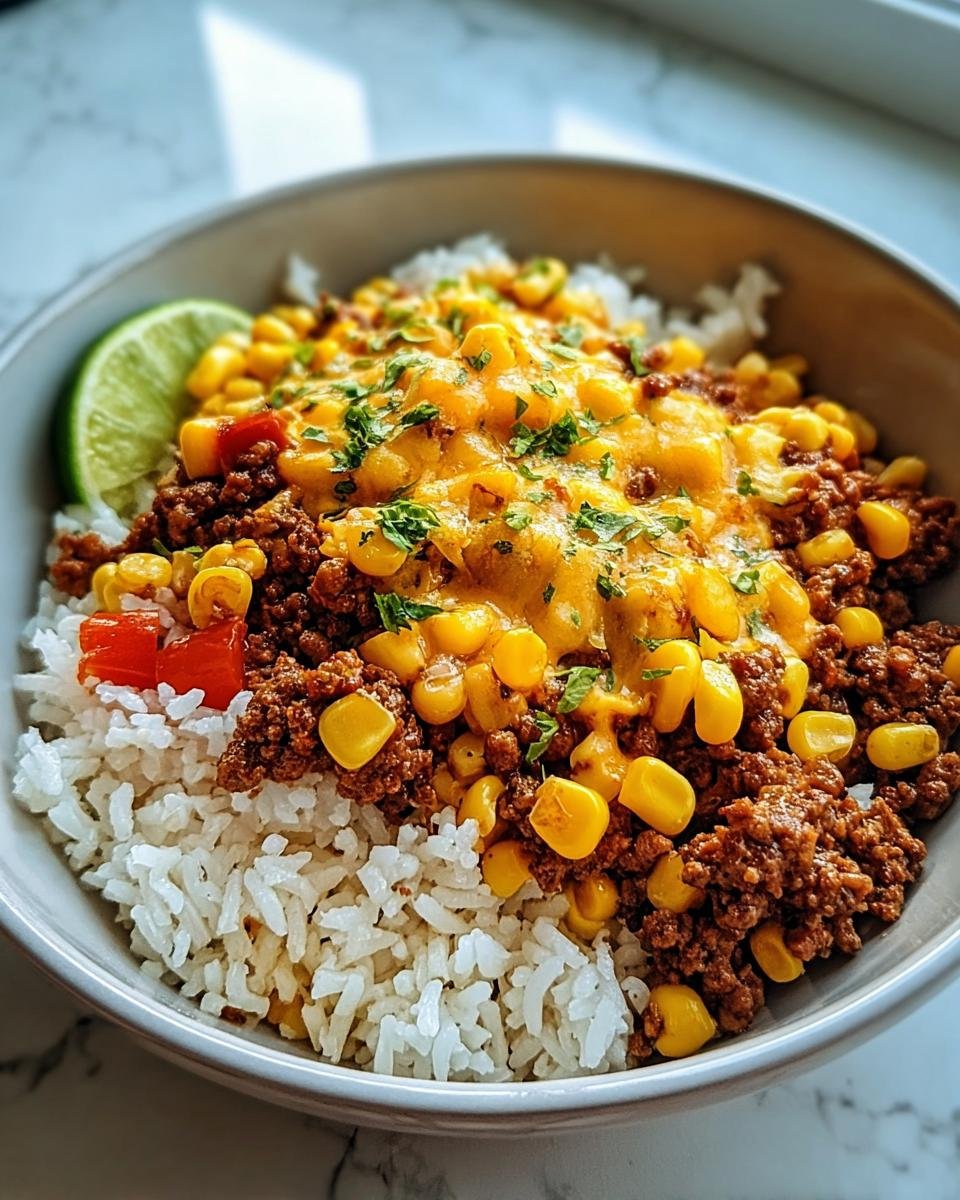 Eine Schüssel mit Reis, gewürztem Hackfleisch, Mais, geschmolzenem Käse und Koriander, serviert als Taco-Pfanne mit Hack, Mais & Bohnen.