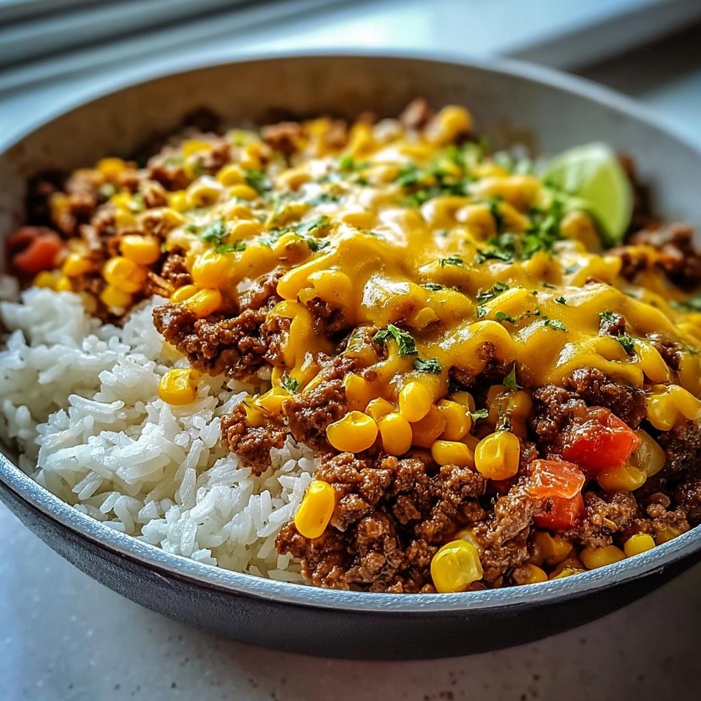 Nahaufnahme einer Schüssel mit Taco-Pfanne mit Hack, Mais & Bohnen über weißem Reis, bedeckt mit geschmolzenem Käse.